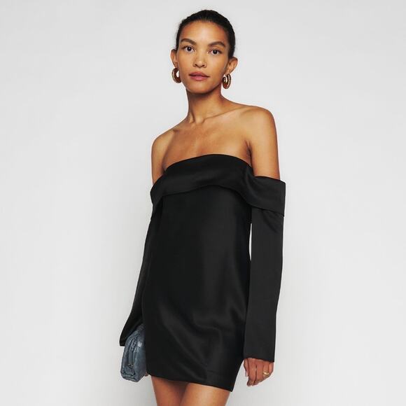 Reformation Maves Satin Off The Shoulder Long Sleeve Mini Dress Black - Picture 1 of 12